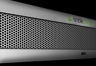 Front view of a nimble storage server rack with a hexagonal perforated design and company logo on the upper right.