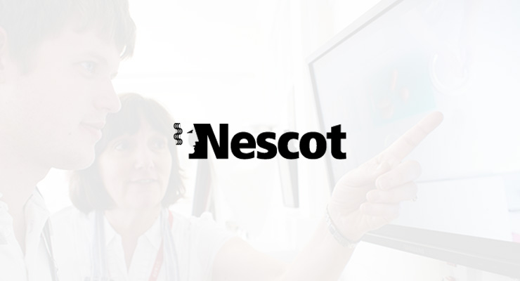 Two people look at and point to a computer screen in the background, with the Nescot logo prominently displayed in the centre, highlighting the AMX Education Technology Case Study.