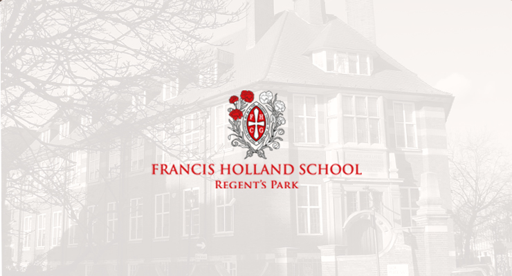 Logo of Francis Holland School Regent’s Park, featuring a red and grey crest with red roses, set over a faded image of the brick school building—highlighted in our School IT Infrastructure Case Study.