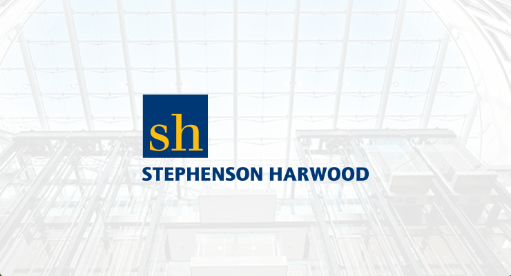 Stephenson Harwood logo with yellow "sh" on a blue square, company name in blue text below, set against a glass-ceilinged building—featured in an office relocation case study.