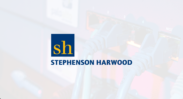 Stephenson Harwood logo displayed over a blurred background of network cables plugged into ports, referencing the Palo Alto Networks Case Study.