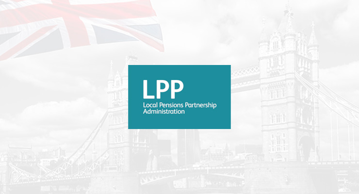 A teal box with "LPP Local Pensions Partnership Administration" text is centred over a faded image of Tower Bridge and a partial UK flag, illustrating the VDI Case Study.