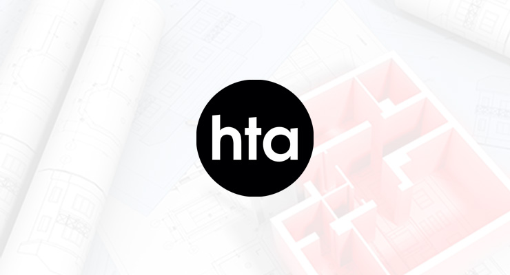 Black "hta" logo in a circle, centred over a blurred background featuring architectural blueprints and a 3D floor plan, illustrating the impact of Virtualisation Case Study in design innovation.