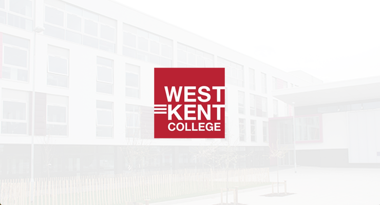West Kent College logo centred on a faded background of the college building exterior, highlightingthe Eduction Technology Case Study for West Kent College.