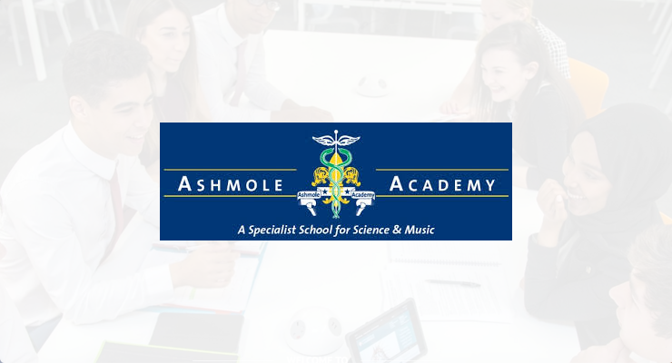 Ashmole Academy logo on a blue background with the text "A Specialist School for Science & Music" above a faint image of students sitting and talking at a table, featured in our Disaster Recovery Case Study.