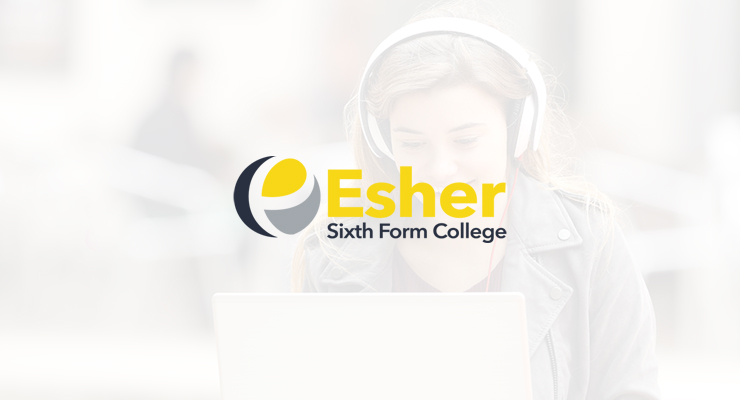 A student wearing headphones uses a laptop, featuring the Esher Sixth Form College logo and name in the center, highlighting innovative technology powered by Dell storage solutions.