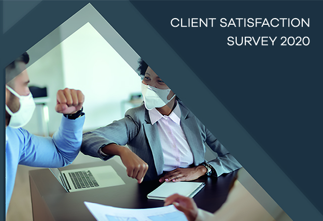 Two business professionals wearing masks doing an elbow bump over a desk with documents, under the text "Krome's client satisfaction survey 2020".