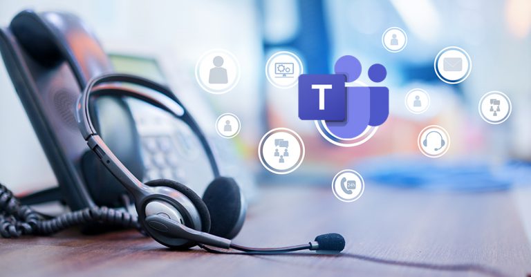 A headset on a desk with icons representing various calling features in Teams floating nearby, and a blurred Microsoft Teams logo in the background.