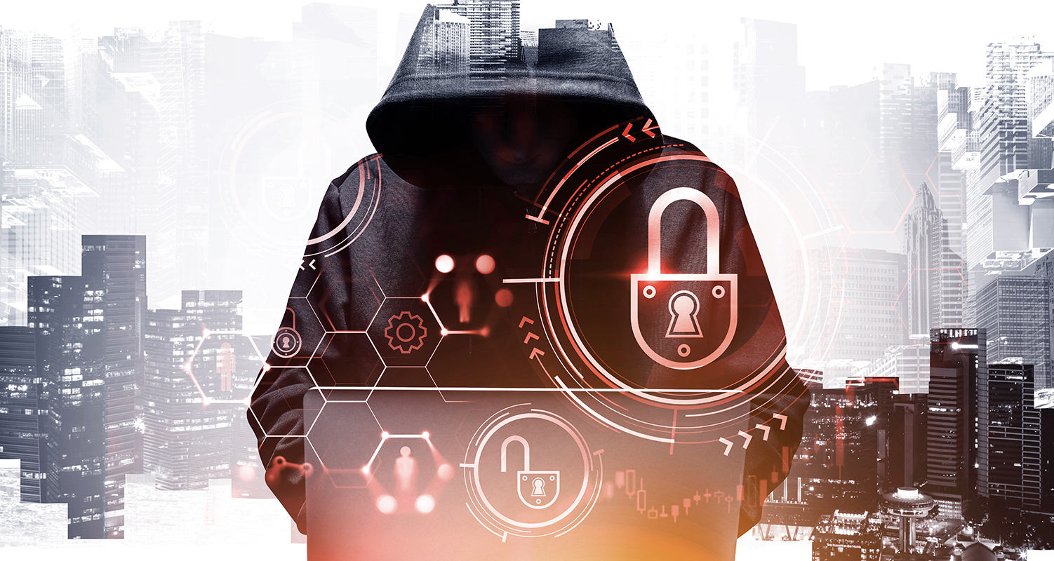 A digital composite image showing a person in a hoodie with cybersecurity icons, such as locks and gears, overlaid against a cityscape background, illustrating the rise of ransomware.