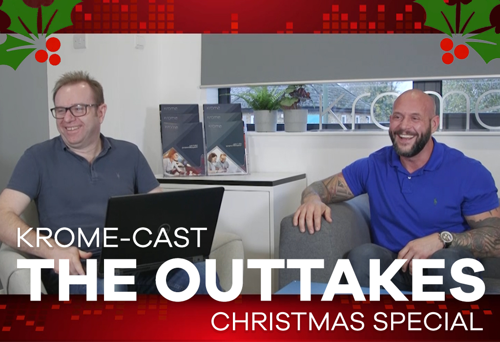 Two men laughing on a couch in a modern office setting, with text "Christmas outtakes special" overlaid.