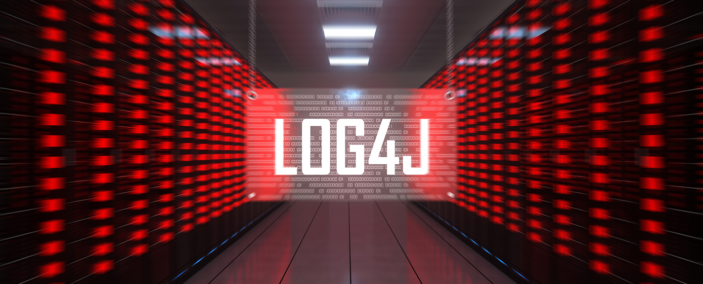 A futuristic server room with walls lined with red led lights and a transparent screen displaying "Log4j Security Vulnerability" in bold white letters at the end of the corridor.