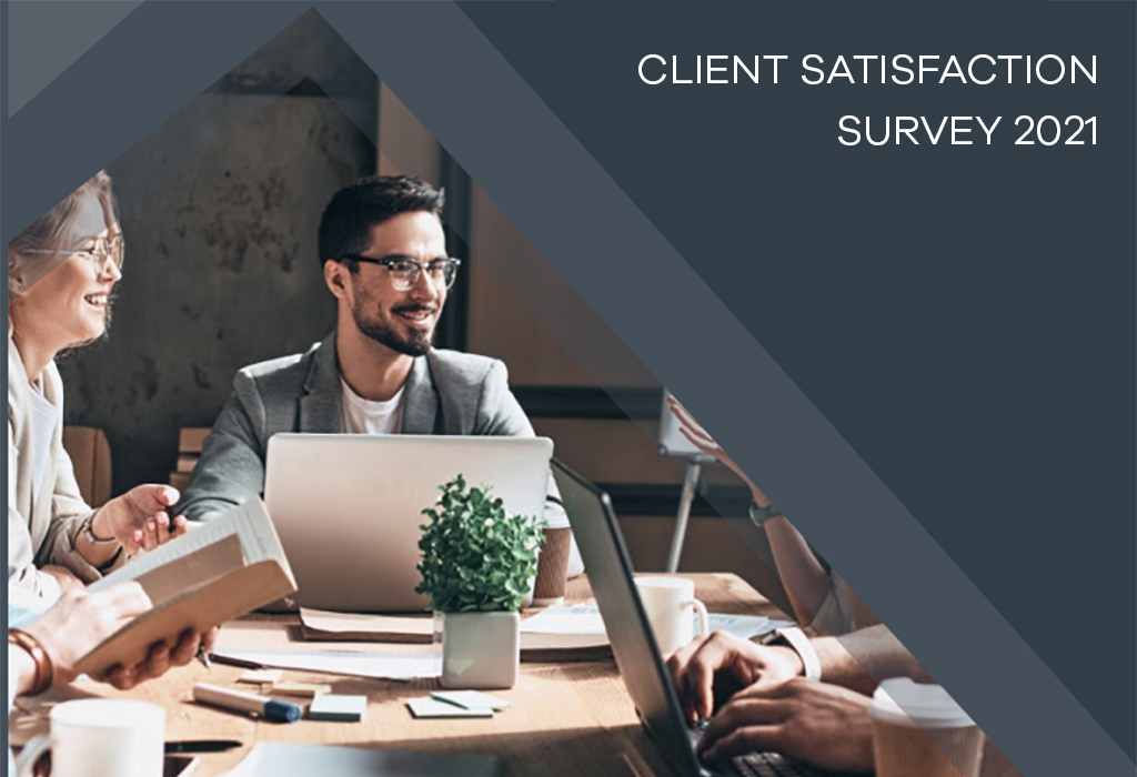 Three professionals review documents and a laptop in a bright office, with text "Krome's clients satisfaction survey 2021" at the top.