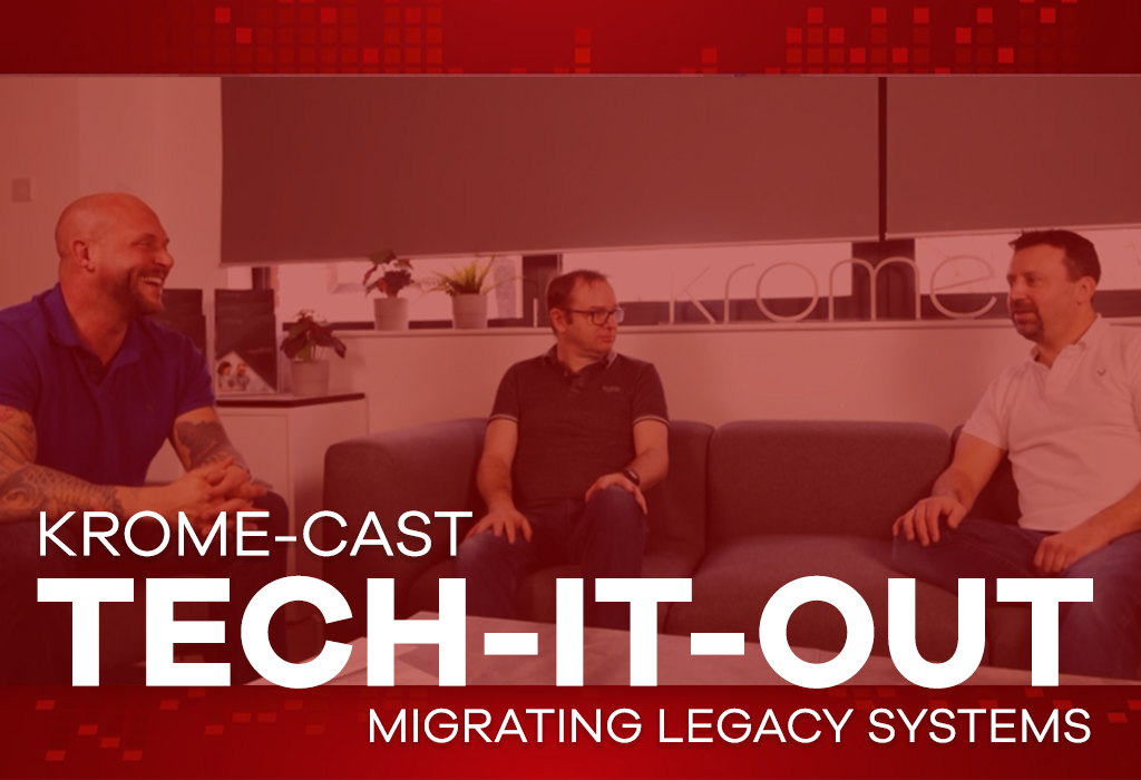 Three men sit and laugh during a podcast recording about legacy system migration in a studio with a red and white backdrop featuring the text "krome-cast tech-it-out".