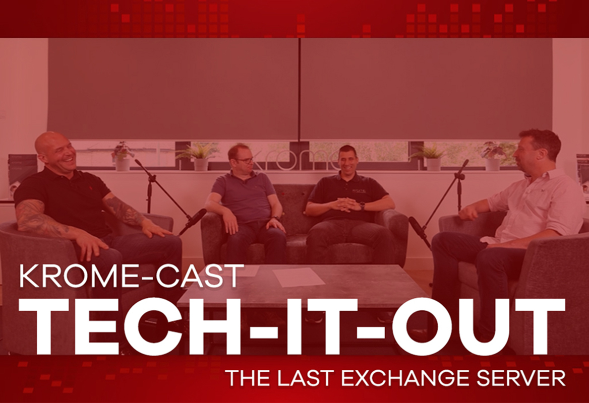 Four men having a discussion on a couch in a studio setting, with a red overlay and text "krome-cast tech-it-out - the last Exchange server.