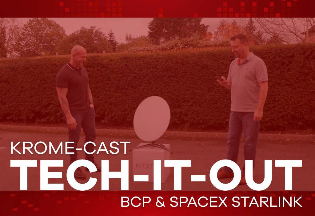 Two men standing outside discussing, with text overlay "SpaceX Starlink, krome-cast tech-it-out bcp" on a red background.