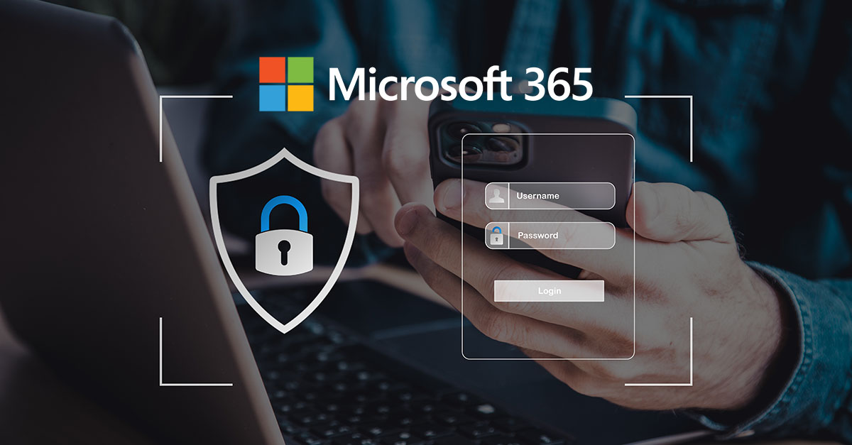 Person using a laptop with a smartphone in hand displaying a Microsoft 365 login page, emphasizing cybersecurity.