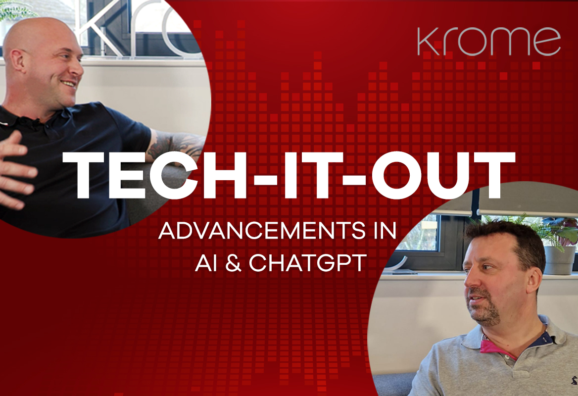 Two men in a casual office setting, one smiling and gesturing, with a red graphic overlay saying "tech-it-out" and text about advancements in AI.