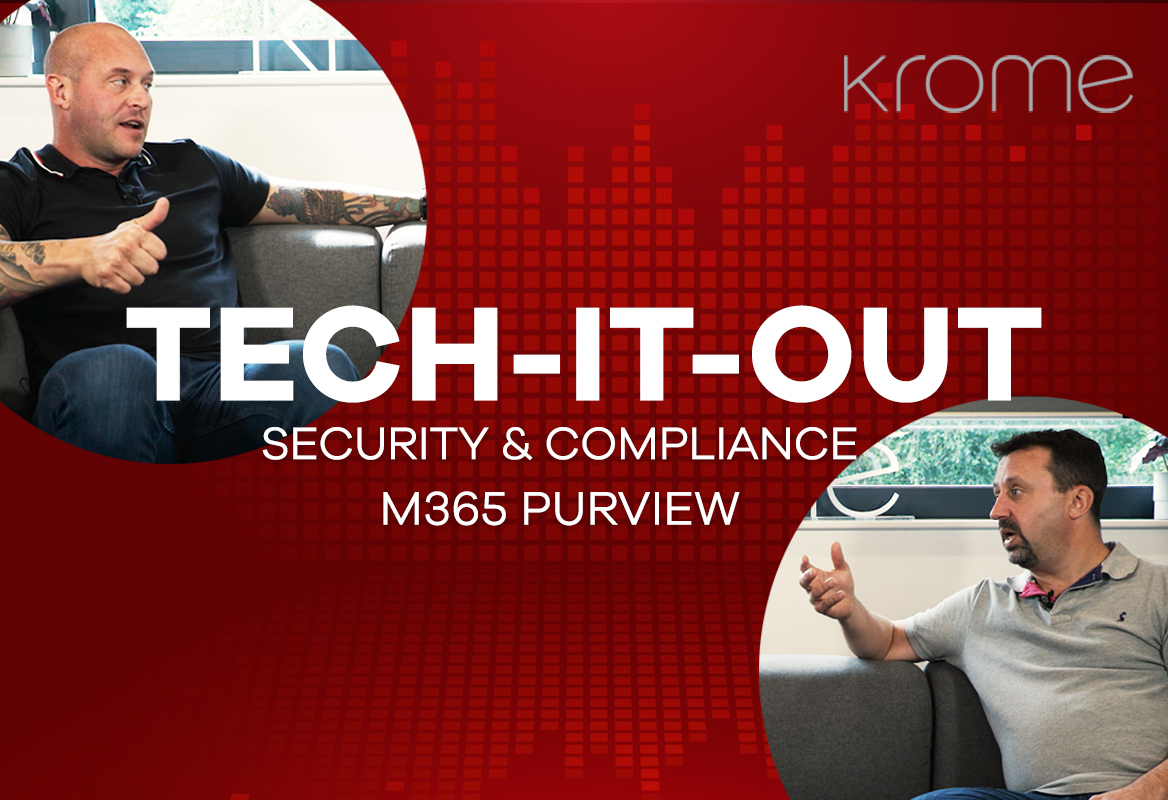 Two men engaged in a discussion in an office setting, with a red graphic overlay that reads "tech-it-out, security & compliance, Microsoft Purview.