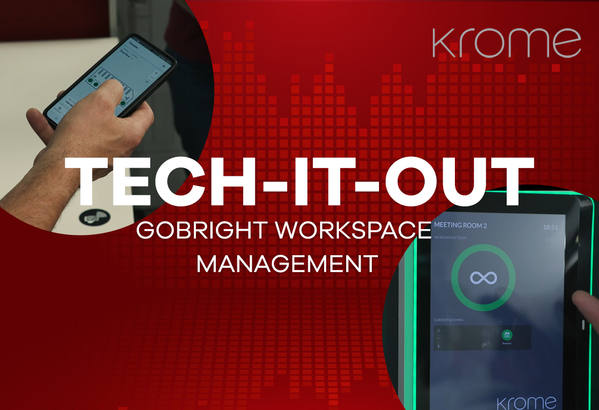 Business presentation slide titled "tech-it-out" with "GoBright workspace management" subtitle, featuring images of hands holding smartphones with digital interfaces.