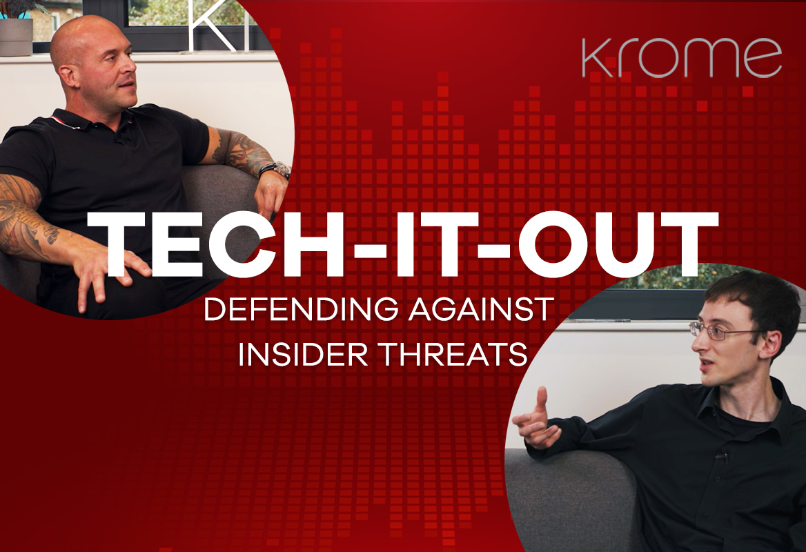 Two men in conversation on a podcast named "tech-it-out" focusing on insider threats, with a red and white themed background.