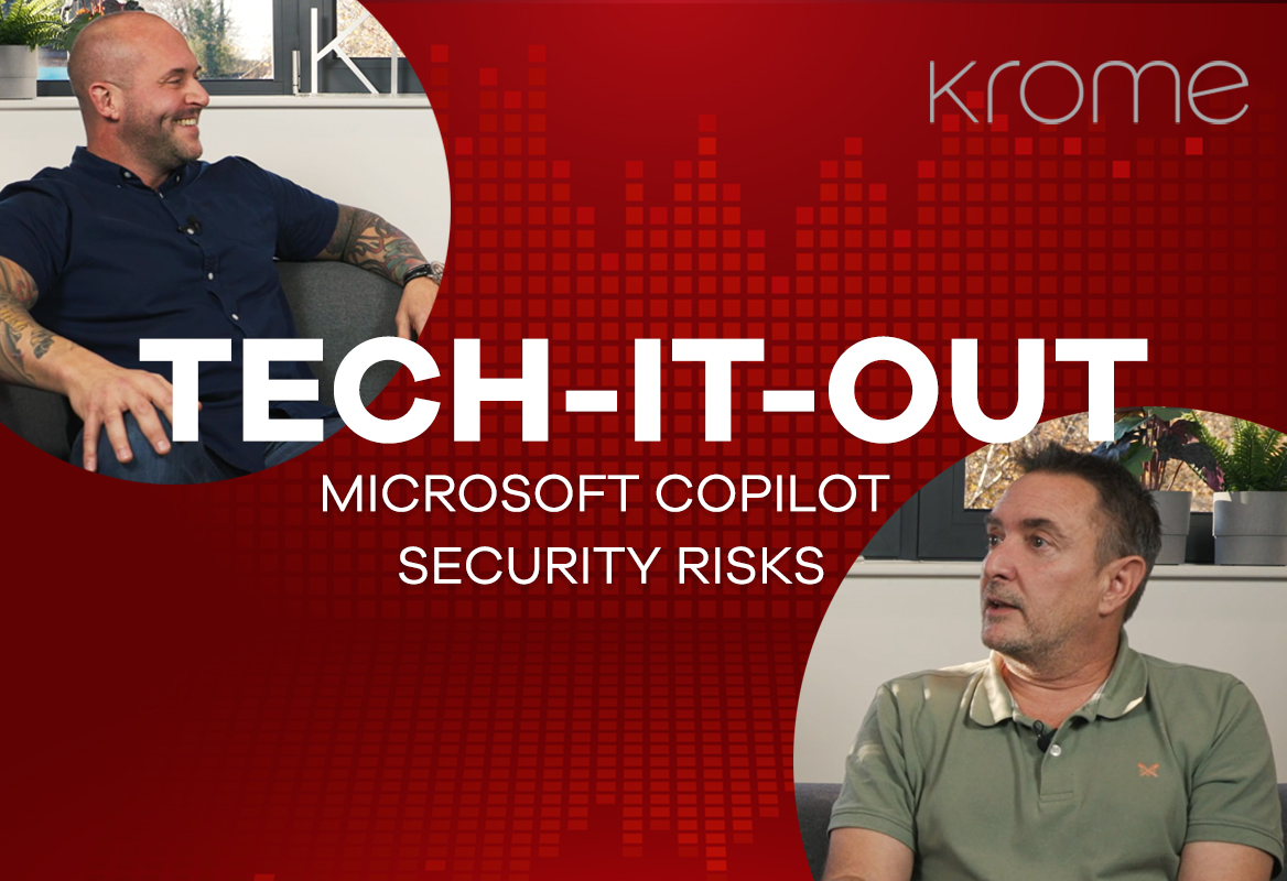 Two men discussing the topic "Microsoft Copilot security risks" on a TV show "Tech-it-Out," set against a red and white background featuring the show's logo.