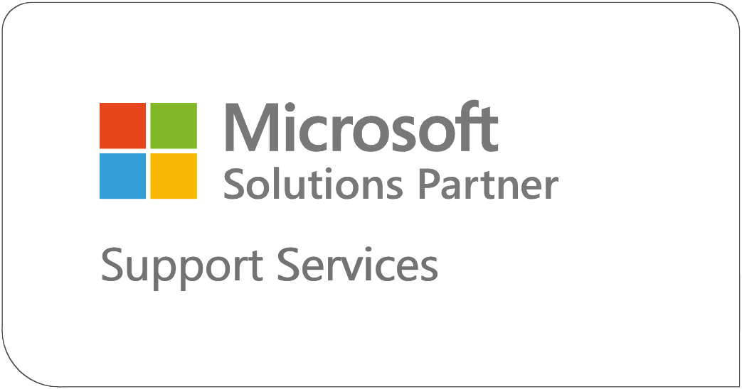 Microsoft Solutions Partner logo with text "Support Services" displayed underneath on a white background, highlighting recognition as a Microsoft Cloud Solutions Partner holding the Microsoft Support Services Partner Designation.