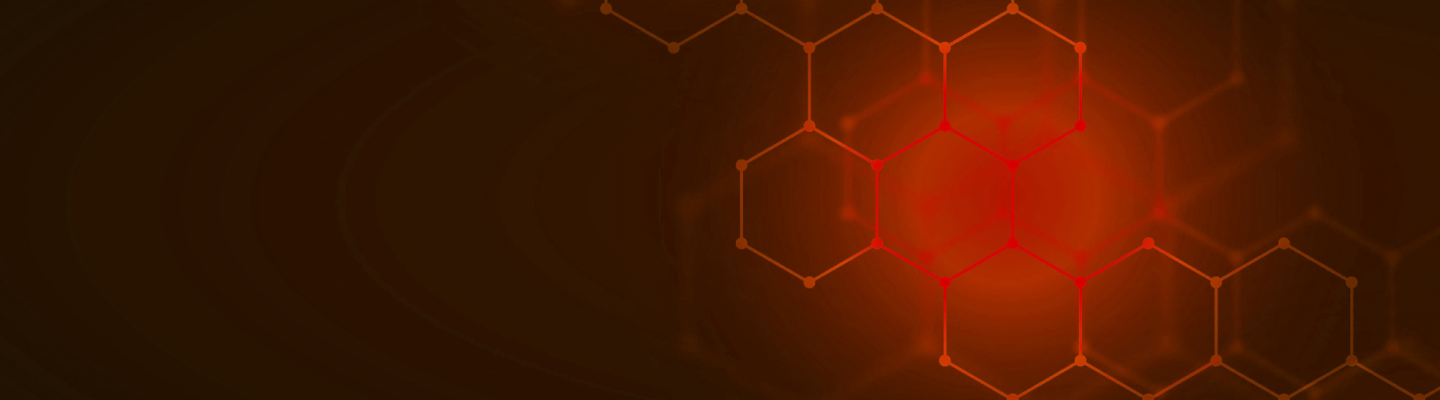 Abstract digital background with hexagonal patterns in shades of red and orange.