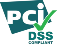 Logo of pci dss compliance featuring a teal checkmark overlaying a dark blue document icon, with the acronym "pci dss" and the word "compliant" below in green.