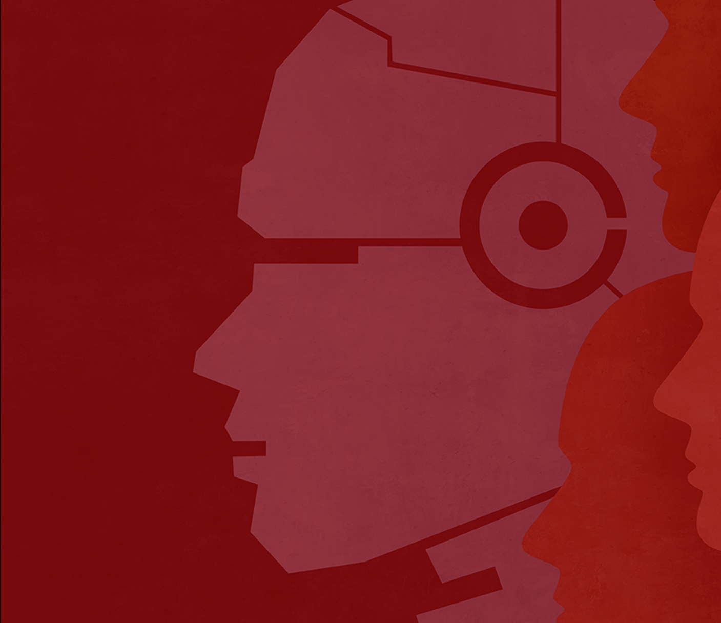 Silhouettes of a human head and a robotic head appear against a red background, illustrating the contrast between human and artificial intelligence—a striking visual for any tech masterclass or webinar.