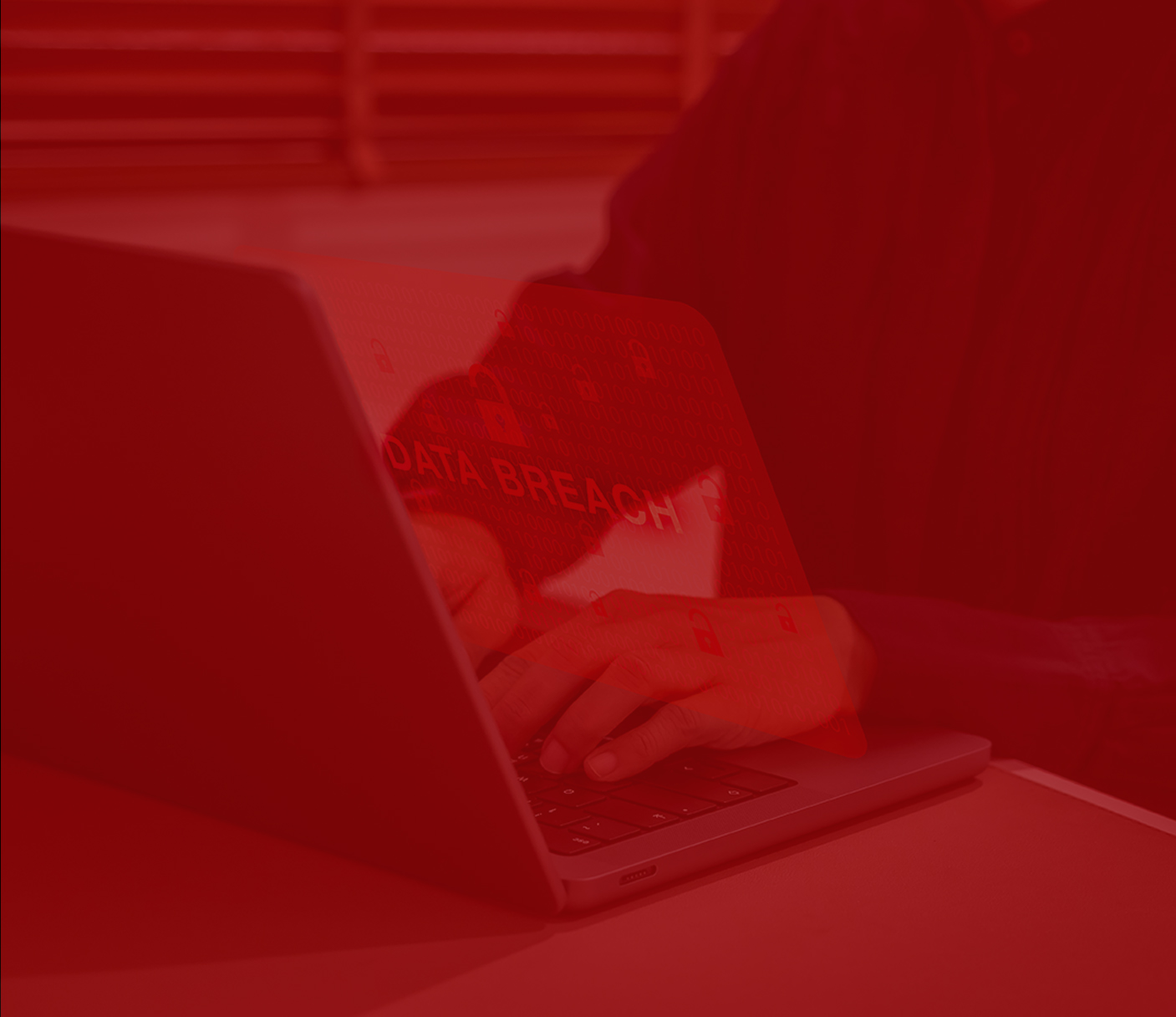 Person typing on a laptop with the words "Data Breach" and padlock icons digitally superimposed, suggesting a cybersecurity issue—perfect imagery for a tech masterclass or cybersecurity webinar. Image has a red overlay.