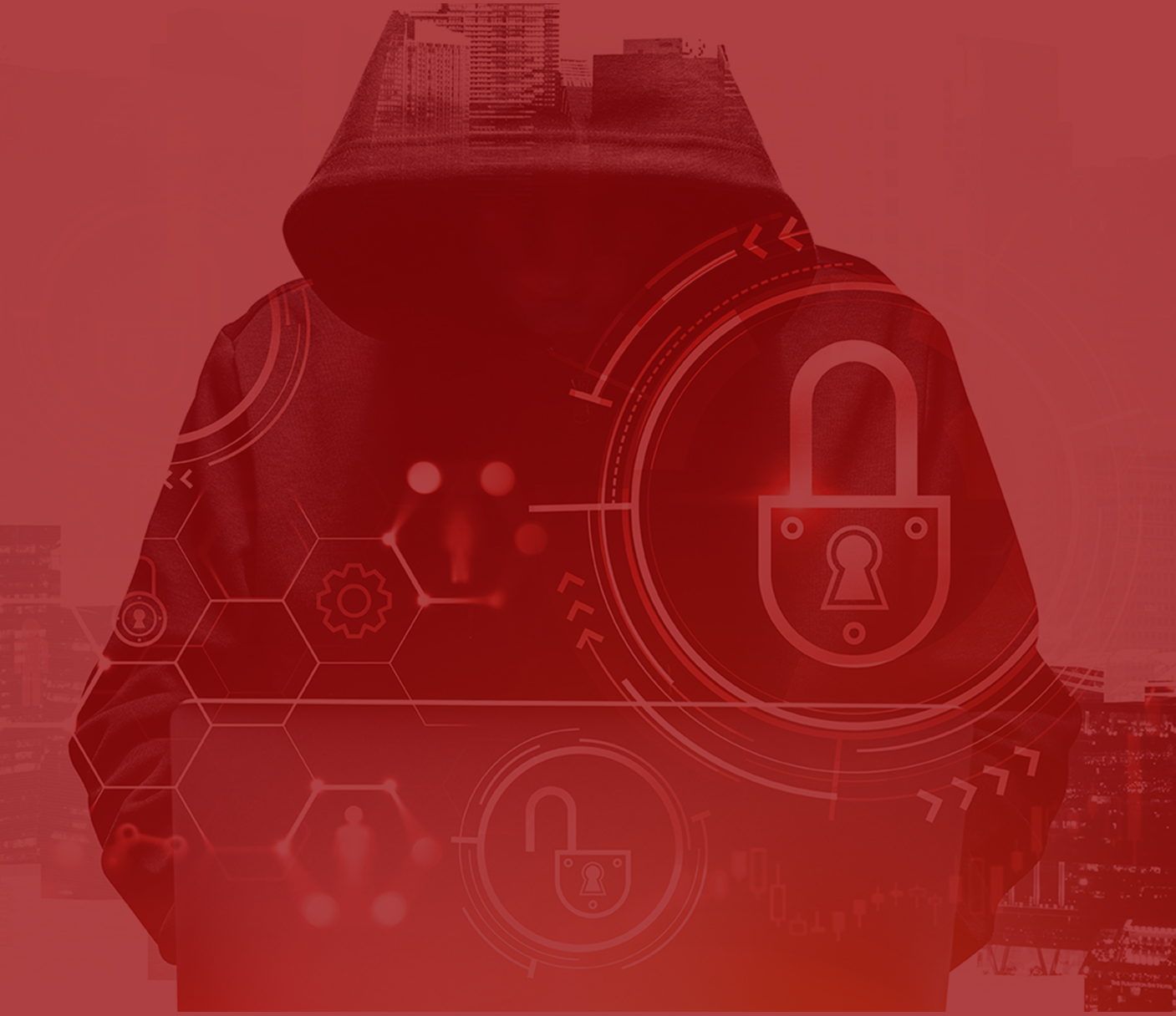 Person in a hooded jacket using a laptop, with digital padlock and security icons overlaid, suggesting cyber security or data protection themes—perfect for a tech lead masterclass or webinar on security protocols.