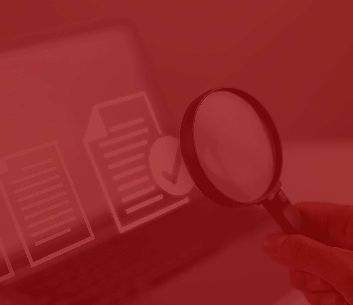 A hand holds a magnifying glass over digital document icons on a laptop screen, with a red overlay filter—perfect imagery for a tech lead masterclass or insightful webinar on digital analysis.
