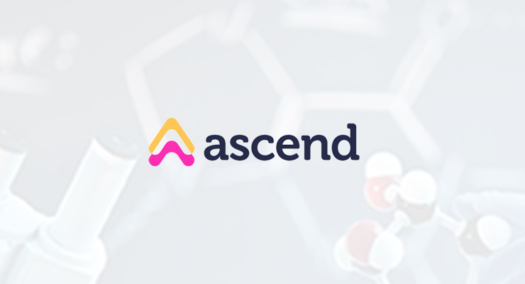 The image shows the Ascend logo with stylized text and an abstract "A" symbol, over a faint background of scientific equipment and molecular models, reflecting Kromes m&a advisory services for Biotech firm Ascend