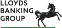 Lloyds Banking Group logo featuring black text and a prancing black horse on a white background.
