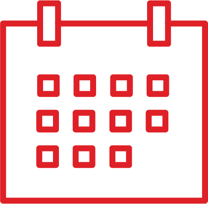 Red outline of a calendar icon with four rows of three squares each, representing days, on a light background.