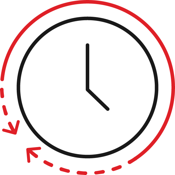 A simple clock face showing 4:00, with a red arrow circling counterclockwise around the clock, indicating turning back time.