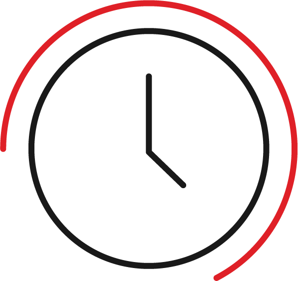 Minimalist clock icon showing 4 o'clock, with a thick red arc partially encircling the black clock outline from the upper left to lower right.