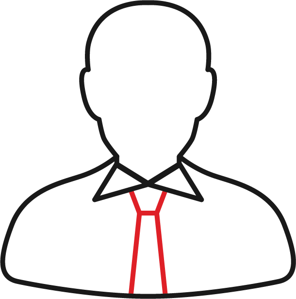 Outline drawing of a person wearing a collared shirt and red tie, with no facial features shown.