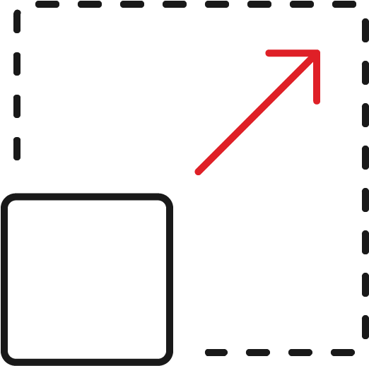 A black outlined square in the bottom left with a red arrow pointing diagonally toward the top right corner, outlined with dashed lines.