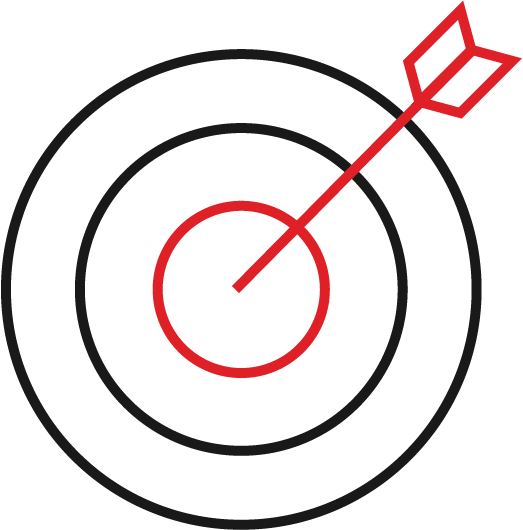A red arrow hits the center of a black and white target with three concentric circles.
