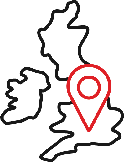 Outline map of the United Kingdom and Ireland with a red location pin marking a spot in southern England.