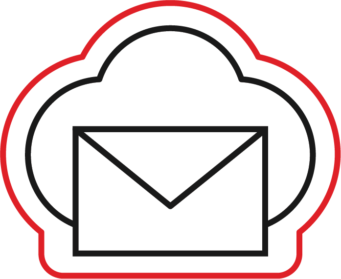 A black outline of an envelope is placed in front of a black and red outlined cloud, symbolizing cloud-based email services.