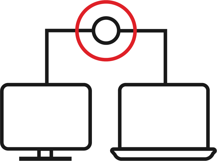 Simple graphic of a desktop and a laptop connected by lines to a central circle, outlined in red, representing a network connection.