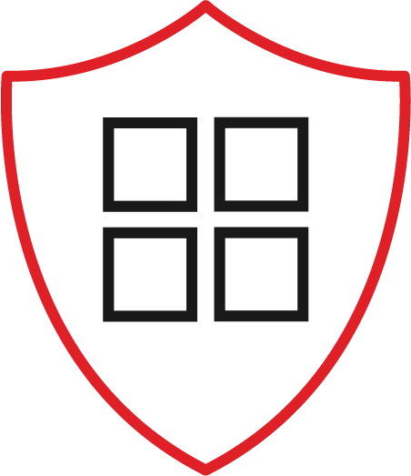 A red outlined shield with four black squares arranged in a grid at the center, on a white background.