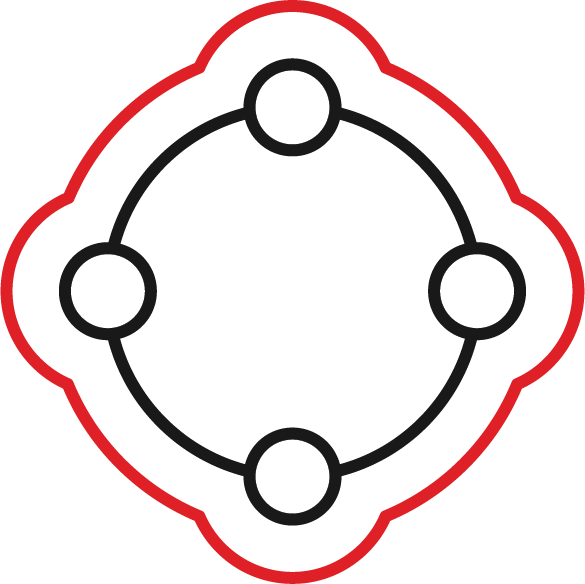 A black circle with four connected nodes inside a rounded red square outline resembling a stylized network or molecule.