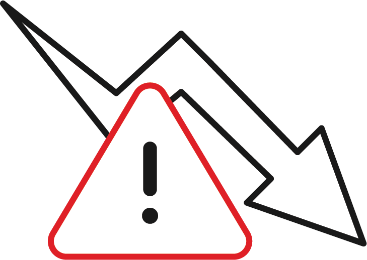 A black downward arrow with a red-bordered warning triangle containing an exclamation mark, suggesting a caution about decline or decrease.