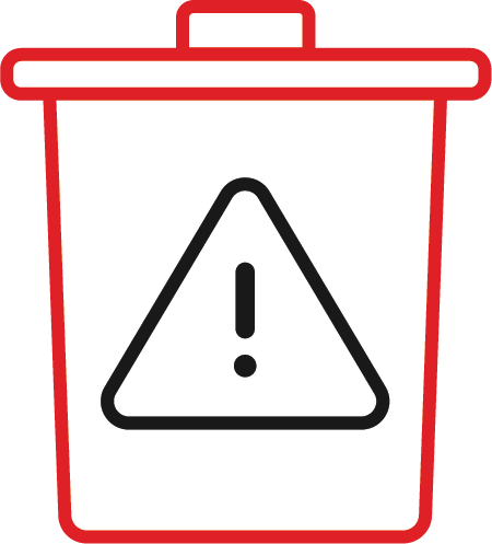 Red outline of a trash bin with a black exclamation mark inside a triangle on the front, indicating a warning or caution about disposal.