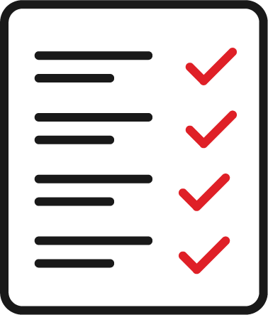 A checklist with four black horizontal lines on the left and four red ticks on the right, all enclosed in a rounded rectangle.
