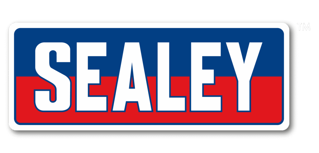 A rectangular logo with the word "SEALEY" in bold white letters on a blue and red background.