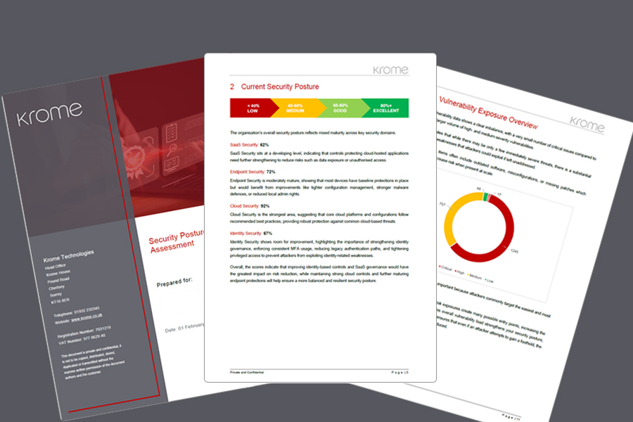 Example pages of a Security Posture assessment report from Krome Technologies, highlighting text, coloured charts, and graphical elements on a white background. Ideal for clients looking to improve their Microsoft 365 security posture.